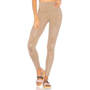 ALO YOGA High Waisted Mesh Panel Moto Leggings Tan Gravel Glossy Activewear S